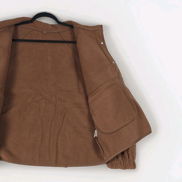 Fashion Sherpa Fleece Jacket Women Brown Polyester Medium Zip Pockets Snap Comfy - Picture 6 of 11